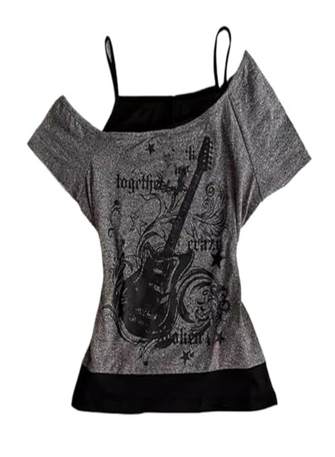 MANGMAO Emo Grunge Shirts Women 2000s Graphic Baby Tees Fake Two Piece Short Sleeve Vintage Y2k Crop Top Goth Alt Clothes (Grey Black,M,Medium) - Image 1